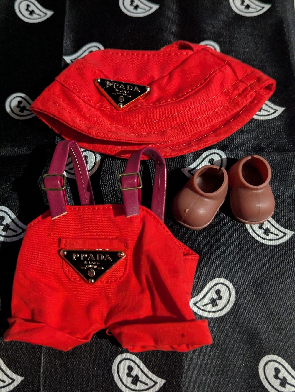 Labubu Red Bucket Hat, Red Overalls & Brown Shoes Accessories Set